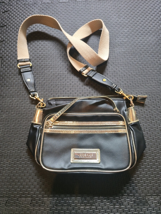 Versace Jeans Collection Handbags - Versace Jeans Collection Black and Beige Crossbody Bag with Gold Accents